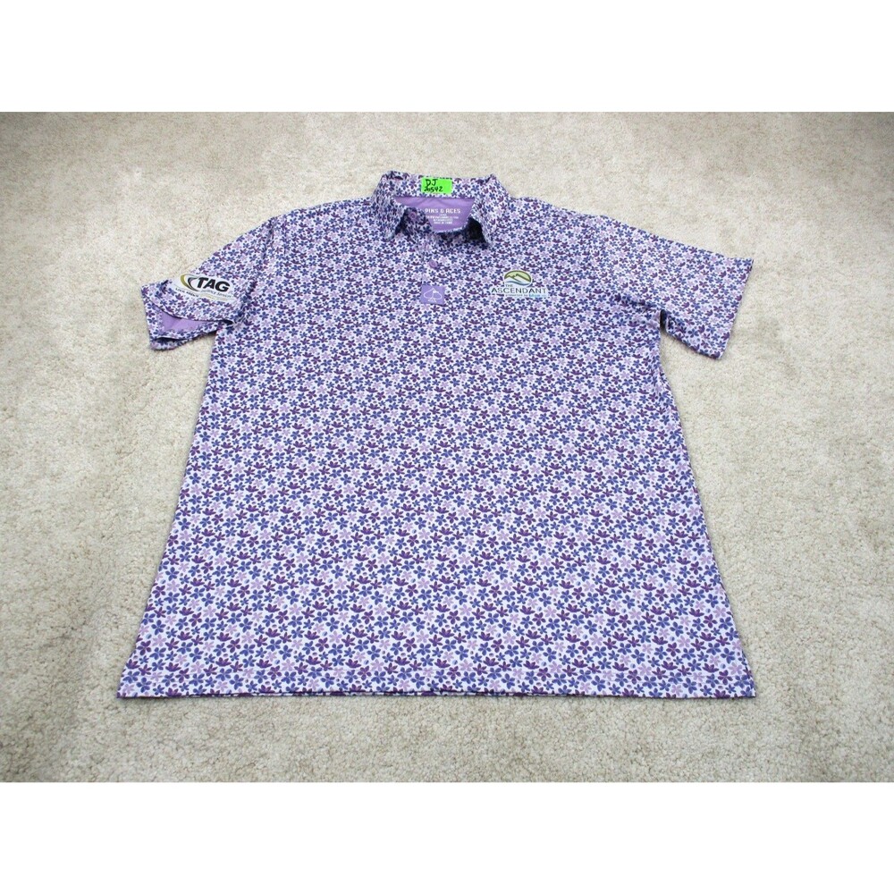 Pins & Aces Polo Shirt Mens Large Purple White Floral Graphic Print Golf Stretch